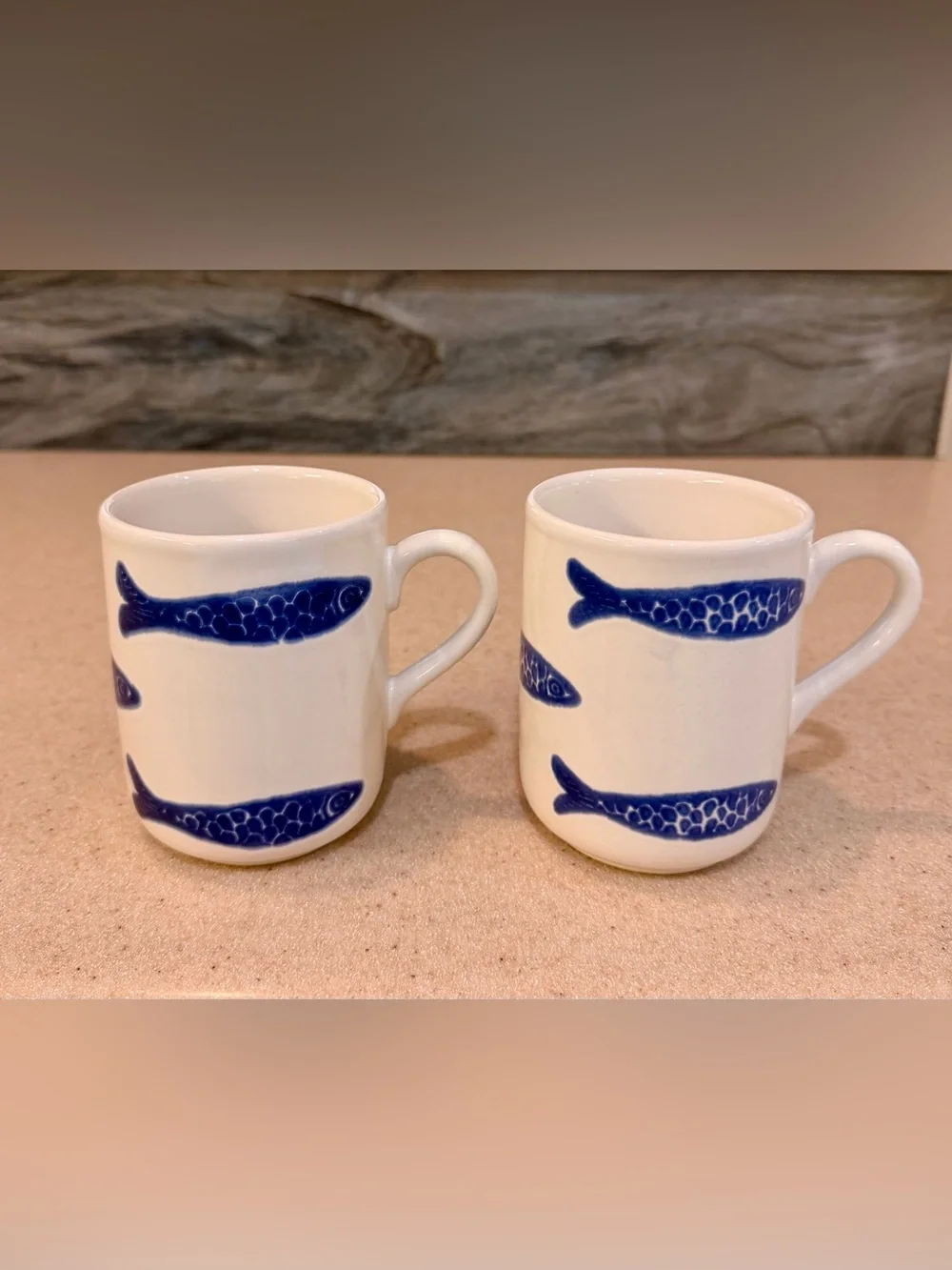Blue Fish Ceramic Coffee Mugs Tea Cups White & Blue CMG Portugal Tall - Set of 2